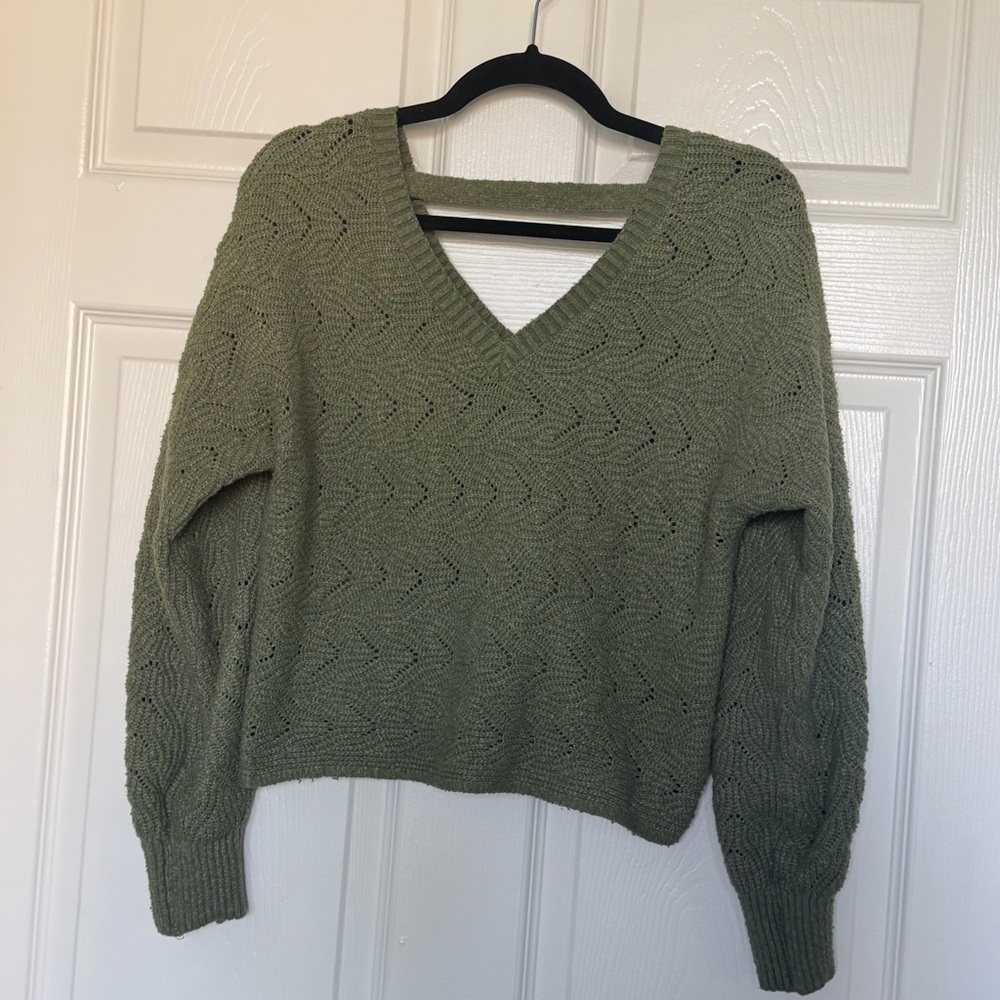Olive Green V-Neck Women's Sweater. Small